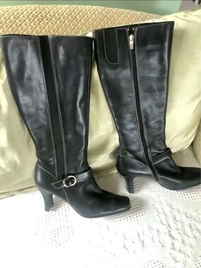 Anne Klein Black Leather Knee High Boots ~ Y2K Contrast Stitch Stacked Size 8